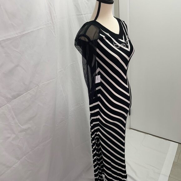 BEBE MAXI DRESS SWAROVSKI RHINESTONE LOGO BLACK/WHITE STRIPED DESIGN - Picture 5 of 11